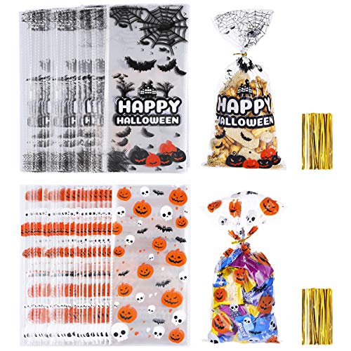 MELLIEX 100 Piezas Bolsa Regalo Halloween, Bolsas para Chuches de Celofán de Plástico Transparente 27 x17cm Bolsa de Dulces para Frutos Secos, Caramelos, Chocolate（Patrón de Murciélago de Calabaza）