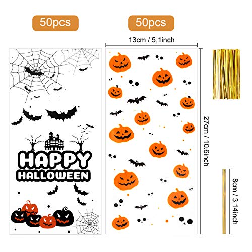 MELLIEX 100 Piezas Bolsa Regalo Halloween, Bolsas para Chuches de Celofán de Plástico Transparente 27 x17cm Bolsa de Dulces para Frutos Secos, Caramelos, Chocolate（Patrón de Murciélago de Calabaza）