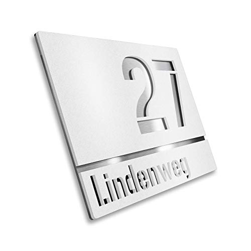 Metzler - Número de casa moderno de acero inoxidable en color blanco, placa para nombre, resistente a los rayos UV, placa para puerta, incluye grabado, placa de acero inoxidable, tamaño: 25 x 17,5 cm