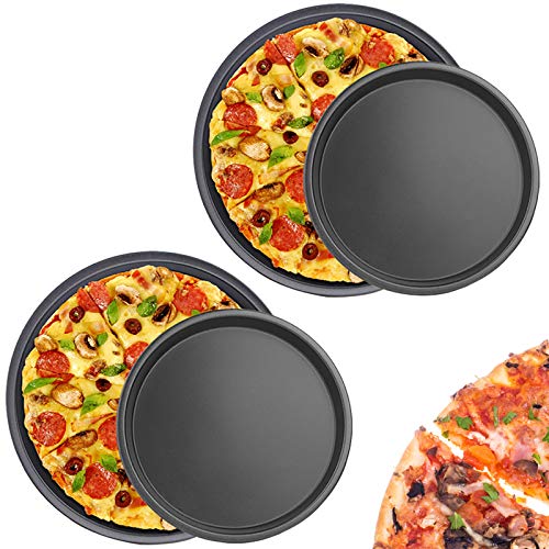 MHwan Bandejas Pizza Juego, Bandeja Horno Pizza, Juego Universal de Bandejas para Hornear Pizza Antiadherente para Platos de Pizza de Acero al Carbono, 26.8 x 2.5cm y 21.5 x2.5cm, 4 Piezas