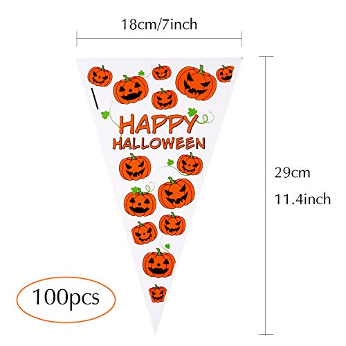 MIAHART Bolsas de celofán de Cono de 100 Cuentas Bolsas de golosinas de Feliz Halloween Bolsas de Dulces con Dibujos de Calabaza con 100 Piezas de Corbatas Doradas