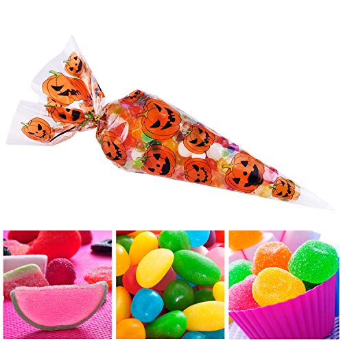 MIAHART Bolsas de celofán de Cono de 100 Cuentas Bolsas de golosinas de Feliz Halloween Bolsas de Dulces con Dibujos de Calabaza con 100 Piezas de Corbatas Doradas