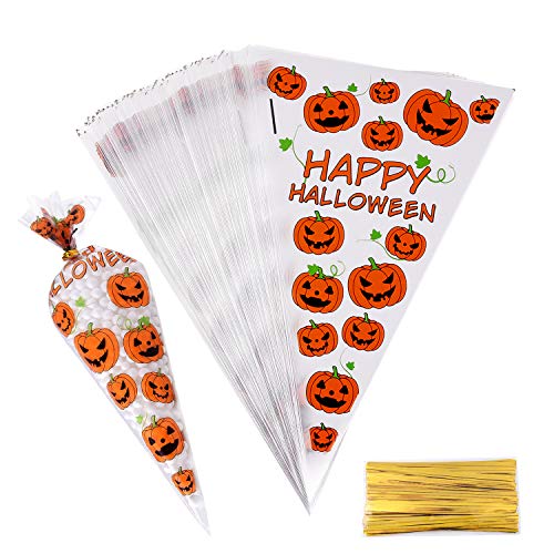 MIAHART Bolsas de celofán de Cono de 100 Cuentas Bolsas de golosinas de Feliz Halloween Bolsas de Dulces con Dibujos de Calabaza con 100 Piezas de Corbatas Doradas