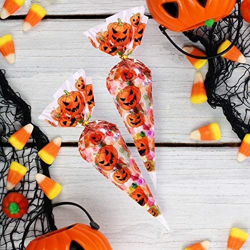 MIAHART Bolsas de celofán de Cono de 100 Cuentas Bolsas de golosinas de Feliz Halloween Bolsas de Dulces con Dibujos de Calabaza con 100 Piezas de Corbatas Doradas