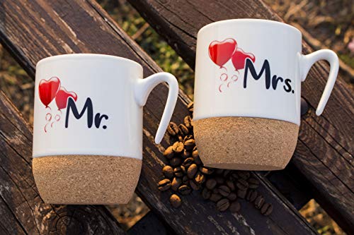 MIAMIO - Regalo para Pareja Nupcial Mr & Mrs/Set de Regalo de Boda/Tazas de Café Set con Corcho (Pareja)