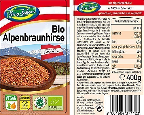 Mijo marrón sin pelar austríaco, ecológico sin gluten 2,4 kg Bio, biológico, de grano entero sin OMG, crudo de Austria, especialmente limpios y sin datura 6x400g