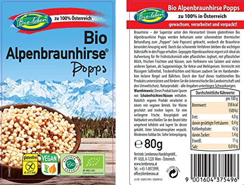 Mijo marrón sin pelar austríaco inflado ecológico sin gluten 640g 0,64kg Bio biológica de grano entero sin OMG, mijo de Austria especialmente limpios y sin datura 8x80g