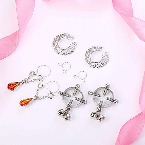 Milacolato 4 Paia In Acciaio INOX Anelli Capezzolo Falso per le Donne Ragazze Non-Piercing Ciondola Nipplerings Faux Body Piercing Gioielli