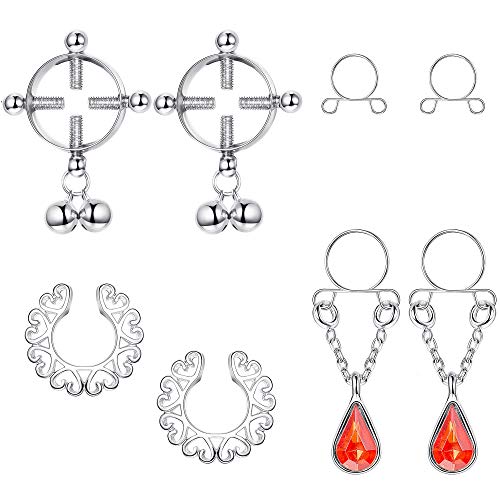 Milacolato 4 Paia In Acciaio INOX Anelli Capezzolo Falso per le Donne Ragazze Non-Piercing Ciondola Nipplerings Faux Body Piercing Gioielli