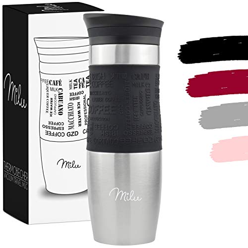 Milu Termo Taza 370ml, 450ml - Vaso Termico de Viaje - Café para Llevar - Taza de Viaje - Taza de acero inoxidable para beber - con aislamiento de doble pared (450ml, Negro)