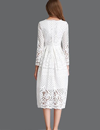 Minetom Vestido Largo Elegante de Encaje Encaje Cuello Redondo Manga Larga Coctel Fiesta Vestido para Mujer Blanco ES 34