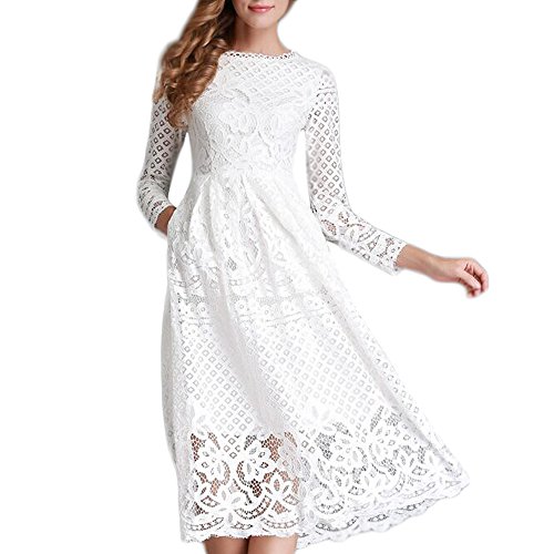 Minetom Vestido Largo Elegante de Encaje Encaje Cuello Redondo Manga Larga Coctel Fiesta Vestido para Mujer Blanco ES 34