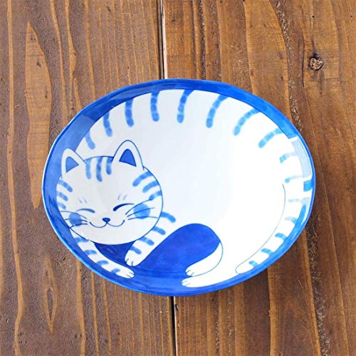 Minorutouki 755692 Mino-yaki - Plato de cerámica japonesa, diseño de gato, color azul índigo, gatos tigre, 755692