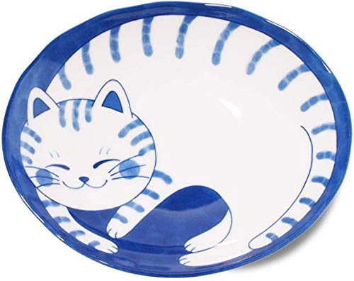 Minorutouki 755692 Mino-yaki - Plato de cerámica japonesa, diseño de gato, color azul índigo, gatos tigre, 755692