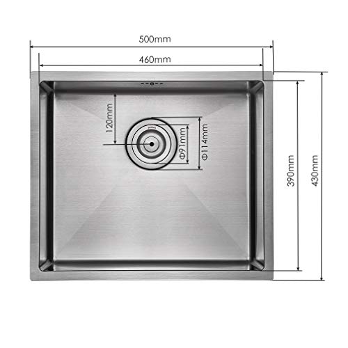 Moderno fregadero cocina de acero inoxidable para armario bajo de 50 cm, Fregadero de un seno cuadrado de 50 cm x 43 cm para montaje en pared o empotrado - acabado satinado.