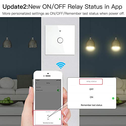 MoesGo wifi Interruptor inteligente de pared con control RF 433, No Se Requiere Cable Neutro, interruptore de 1 vía compatible con las Smart Life y Tuya, Alexa y Google Home Blanco 1 Gang