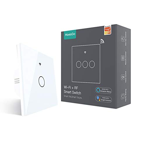 MoesGo wifi Interruptor inteligente de pared con control RF 433, No Se Requiere Cable Neutro, interruptore de 1 vía compatible con las Smart Life y Tuya, Alexa y Google Home Blanco 1 Gang