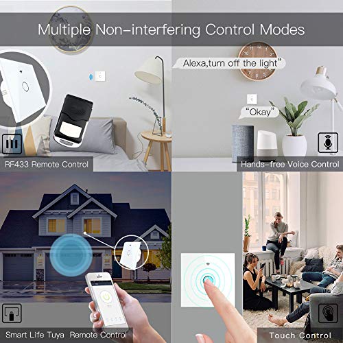 MoesGo wifi Interruptor inteligente de pared con control RF 433, No Se Requiere Cable Neutro, interruptore de 1 vía compatible con las Smart Life y Tuya, Alexa y Google Home Blanco 1 Gang