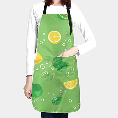 Mojito Delantal impermeable para cóctel, limón, menta y burbujas, color verde, con bolsillo, lavable a máquina, 71 x 83 cm