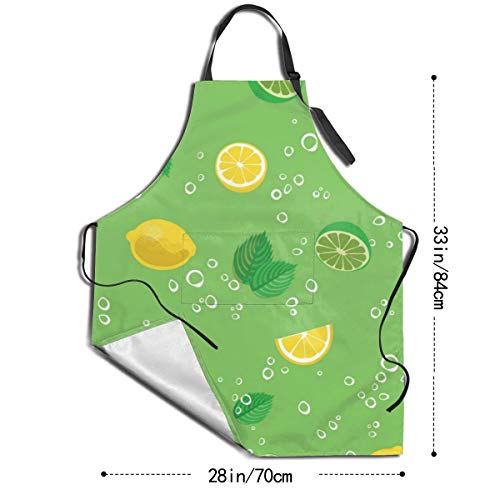 Mojito Delantal impermeable para cóctel, limón, menta y burbujas, color verde, con bolsillo, lavable a máquina, 71 x 83 cm