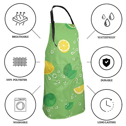 Mojito Delantal impermeable para cóctel, limón, menta y burbujas, color verde, con bolsillo, lavable a máquina, 71 x 83 cm