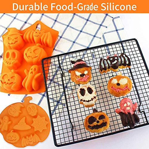 Molde de Silicona Halloween, HOMEK 2 pzs Halloween Molde para Pastel Antiadherente Molde para Hornear Caramelos Jabón Chocolate Galletas Magdalenas, Calabazas Fantasmas Murciélagos Patrón