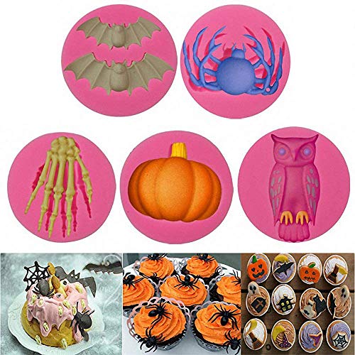 Moldes para fondant de arcilla de silicona de Halloween Moldes de murciélago, búho, calabaza, resina fantasma para bandeja de cubitos de hielo, galletas de caramelo, cupcakes decoración