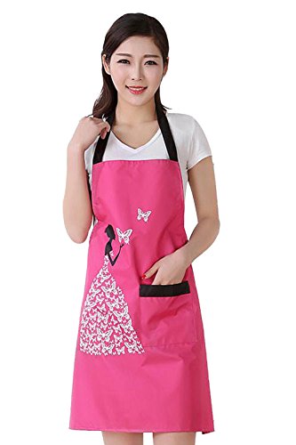 Moolecole Cocina para Mujer Delantales Impermeables Peto Anti-Aceite De La Mancha Sin Mangas Adulto PVC De La Mariposa del Delantal Delantal con Uno Bolsillos para Cocinar Hornear Rosa Roja