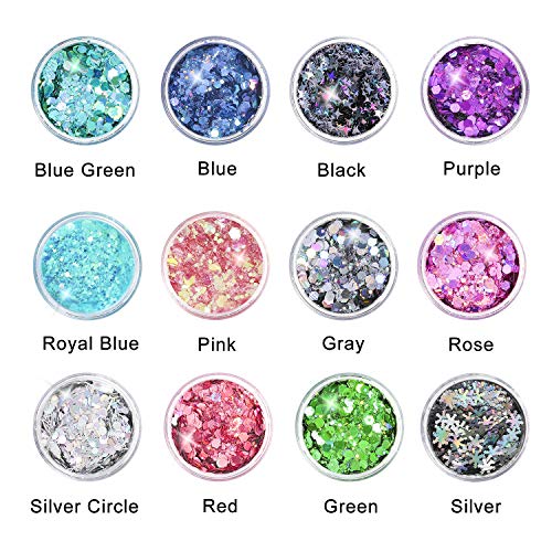 MOSUO Purpurina Cara Maquillaje, 12 Pcs Chunky Glitter Paillette Polvo para Uñas Rostro Cuerpo Pelo Ojos Arte Mejilla Manualidades Brillante Decoración Festival Fiesta