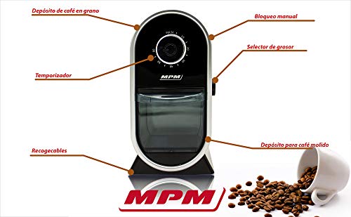 MPM MMK-05 Molinillo Café profesional con sistema muelas, 17 ajustes de molienda, más fino a grueso, temporizador, depósito 60 g, 100W, Color Negro