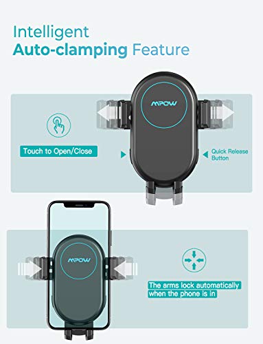 Mpow Soporte Movil Coche Cargador Inalambrico, Wireless Car Charger Soporte con Bloqueo automático 10W/7.5W/5W, para iPhone 11/11 Pro/11 Pro MAX/XS MAX/XS/XR/8, Galaxy S20/S10/Note 9/S9 y Otros