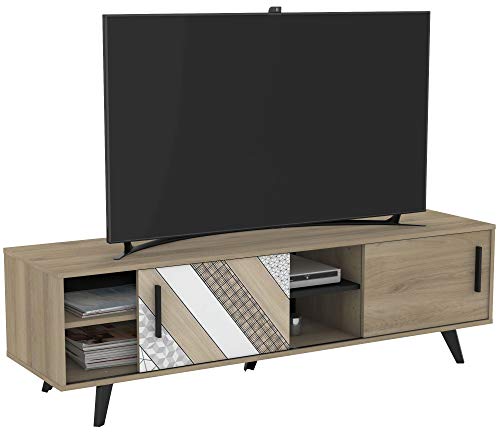 Mueble TV Comedor 2 Puertas correderas Estilo Industrial Color Roble Salon Mesa Banco Television 151X45X42 cm