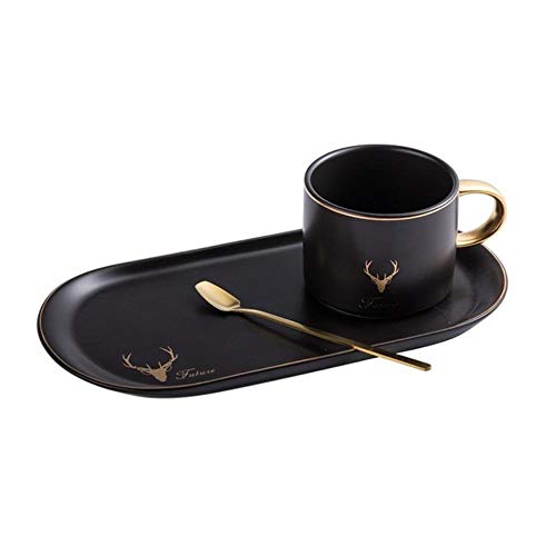 Mug Tazas Cafe Reutilizable，Lujosas Tazas De Café De Cerámica Con Borde Dorado Europeo Y Platillos Juegos De Cucharas Con Caja De Regalo Té Leche De Soja Tazas De Desayuno Plato De Postre, Negro, Chi