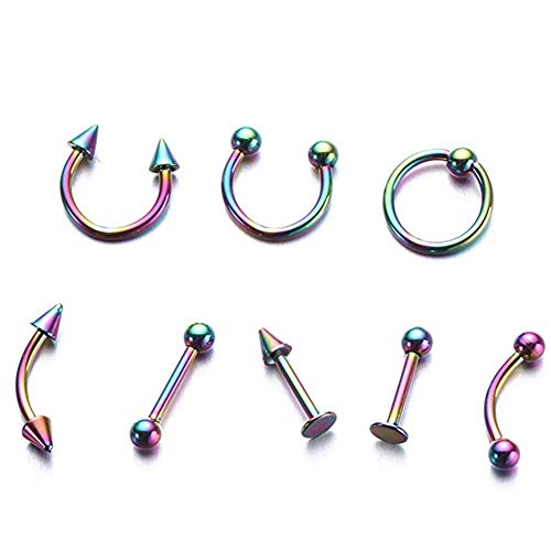 Mujer Anillo de Nariz de Acero Inoxidable Nariz Piercing Anillos de Nariz y espárragos Cuerpo Clip aro para Mujeres tabique Piercing Clip de joyería Regalo 1 Juego (8pcs) Colorido