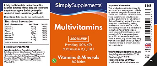 Multivitaminas (100% VRN) con Vitamina C en altas dosis - ¡Bote para 1 año! - Apto para vegetarianos - 360 Comprimidos - SimplySupplements