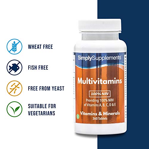 Multivitaminas (100% VRN) con Vitamina C en altas dosis - ¡Bote para 1 año! - Apto para vegetarianos - 360 Comprimidos - SimplySupplements