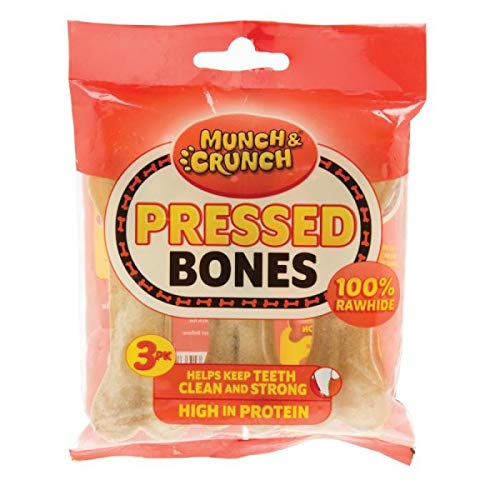 Munch & Crunch Multipack. 12 huesos de piel cruda natural prensada para perros – golosinas para perros para ayudar al cuidado dental – con un folleto para el cuidado del perro.