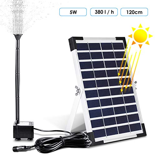 MVPower Solar Fuente Bomba, 5W Bomba de Agua Solar, 12V Bombas de Fuente, Bombas para Fuentes, Ideal para Baño de Pájaros, para de Decoración del Acuarios, Estanques y Jardines, 380L / H