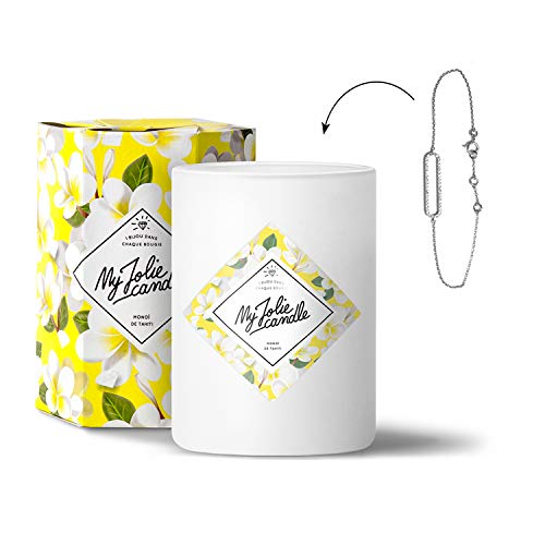 MY JOLIE CANDLE - Vela perfumada con una Joya Sorpresa en su Interior - Pulsera - Plata - Monoï de Tahití - Cera Natural - 330g - Tiempo de combustión : 70 Horas