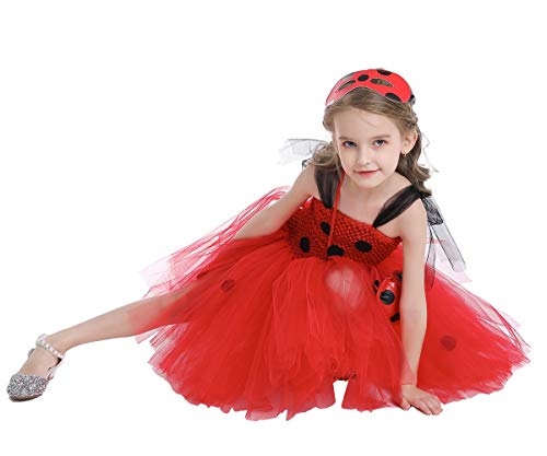 MYRISAM Disfraz de Ladybug para Niña Halloween Dress Up Cosplay Vestido Tutú de Mariquita + Máscara de Ojos + Yo-Yo Bolsa Niños 3Pcs Trajes de Partido Carnaval Cumpleaños Navidad 5-6 años