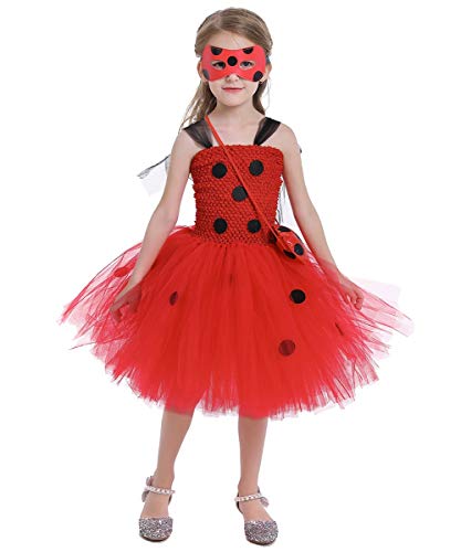 MYRISAM Disfraz de Ladybug para Niña Halloween Dress Up Cosplay Vestido Tutú de Mariquita + Máscara de Ojos + Yo-Yo Bolsa Niños 3Pcs Trajes de Partido Carnaval Cumpleaños Navidad 5-6 años