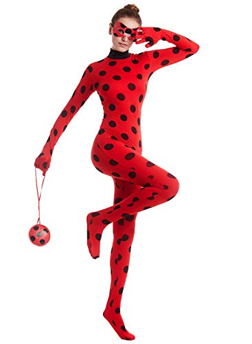 MYRISAM Disfraz de Mariquita Milagrosa para Adulto Mujer Halloween Ladybug Viste A Cosplay Leotardo Bodysuit con Lunares + Máscara de ojos + Yo-Yo Bolsa Niños 3Pcs Trajes de Partido Carnaval L