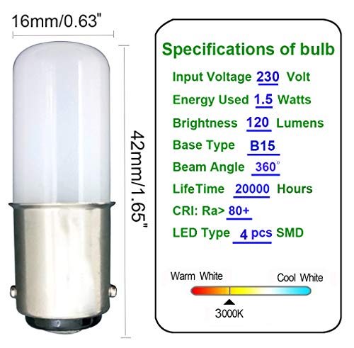 MZMing [2 Piezas] LED B15 Ahorro de Energía Bombilla LED 1.5W Equivale a Bombilla Halógena de 15W Luz Blanco Cálido 2700K120lm de-no Regulable Bajo en Calorías Usado en Nevera /Máquina de Coser