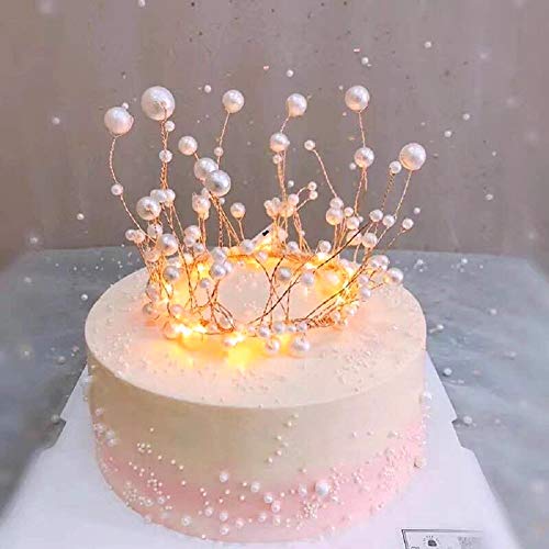 N-A SJUNJIE Corona de Perlas Decoración de la Torta Torta Adorno Ornamento Topper de Pastel de Cumpleaños para Fiesta Boda Cumpleaños Postre (Blanco)