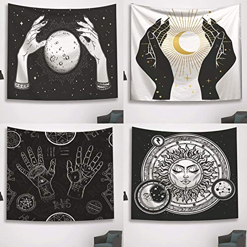 N / A Tapicería psicodélica en Blanco y Negro brujería Tapiz de Mano Tapiz Luna Sol Estrella Estampado Tarot Carta Manta decoración del hogar Tapiz Tapiz A14 150x200cm