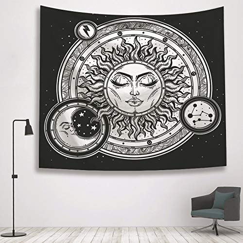 N / A Tapicería psicodélica en Blanco y Negro brujería Tapiz de Mano Tapiz Luna Sol Estrella Estampado Tarot Carta Manta decoración del hogar Tapiz Tapiz A14 150x200cm