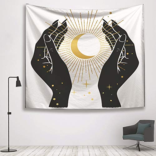 N / A Tapicería psicodélica en Blanco y Negro brujería Tapiz de Mano Tapiz Luna Sol Estrella Estampado Tarot Carta Manta decoración del hogar Tapiz Tapiz A14 150x200cm