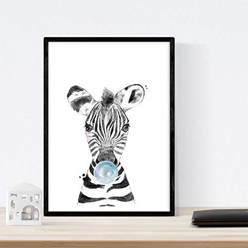 Nacnic Set 6 Posters Animales Bebes con Chicle. Zebra Rino Ciervo Vaca Caballo Llama.Tamaño A4