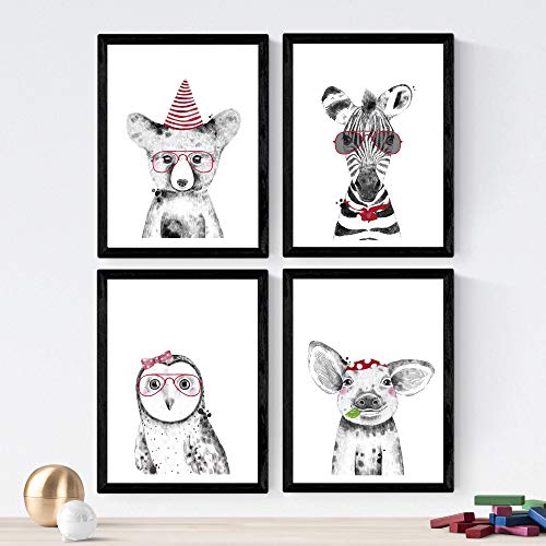 Nacnic Set de 4 láminas de Animales Infantiles Colores Rojos,en tamaño A4, Poster Papel 250 gr Marco