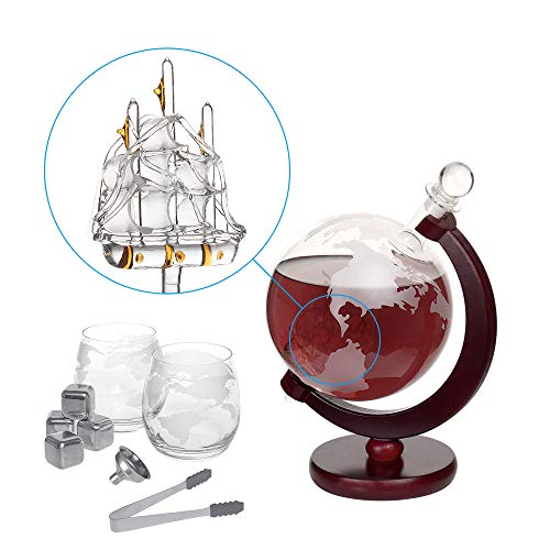 Nandae Set de Jarra de Globo de Whisky con 2 Vasos de decantador de Vino Antiguo para velero, 1500 ml